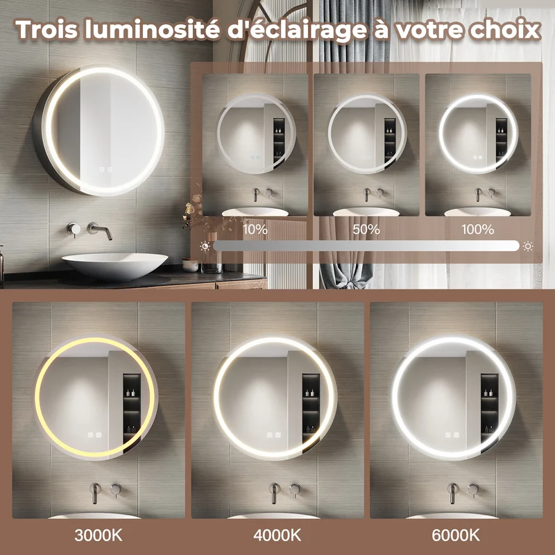 SIRHONA Armoire de Toilette Miroir, Armoire Murale avec Éclairage LED et Prises de Courant, Trois Températures de Couleur Réglables, Gris, 60 x 60 x 14cm