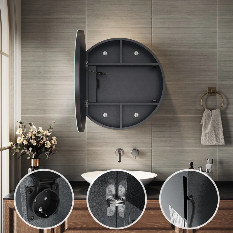 SIRHONA Armoire de Toilette Miroir, Armoire Murale avec Éclairage LED et Prises de Courant, Trois Températures de Couleur Réglables, Gris, 60 x 60 x 14cm