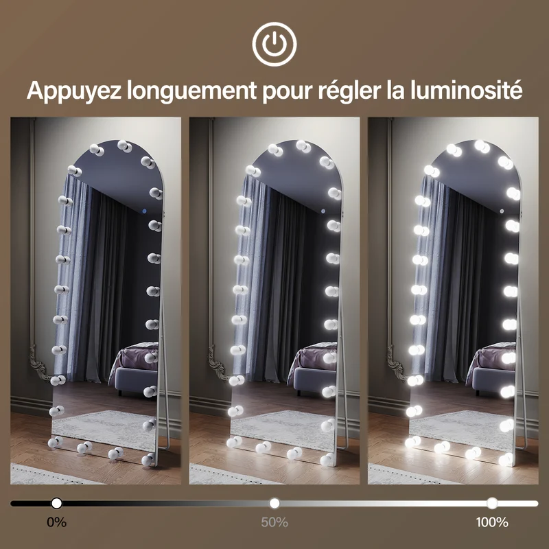 SIRHONA Miroirs sur pied de grande taille avec lumière LED à 3 couleurs 1600x600x35mm