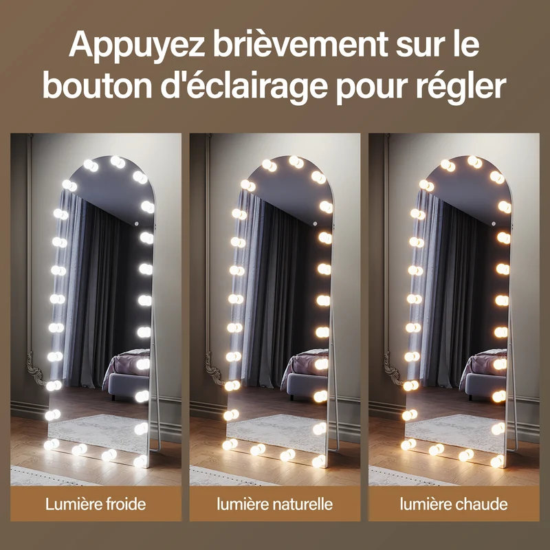 SIRHONA Miroirs sur pied de grande taille avec lumière LED à 3 couleurs 1600x600x35mm
