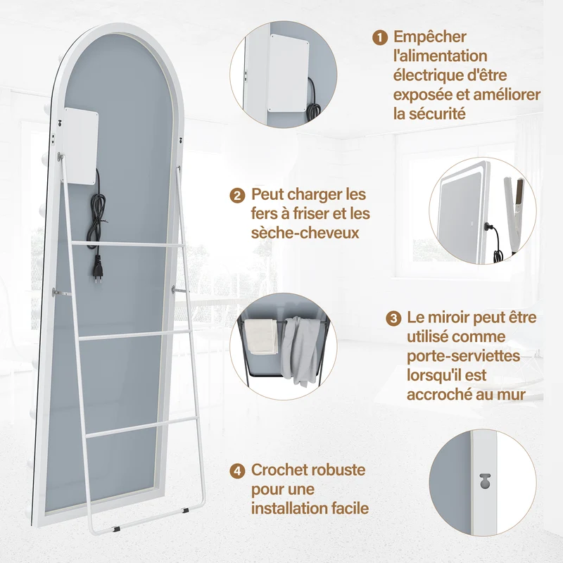 SIRHONA Miroirs sur pied de grande taille avec lumière LED à 3 couleurs 1600x600x35mm