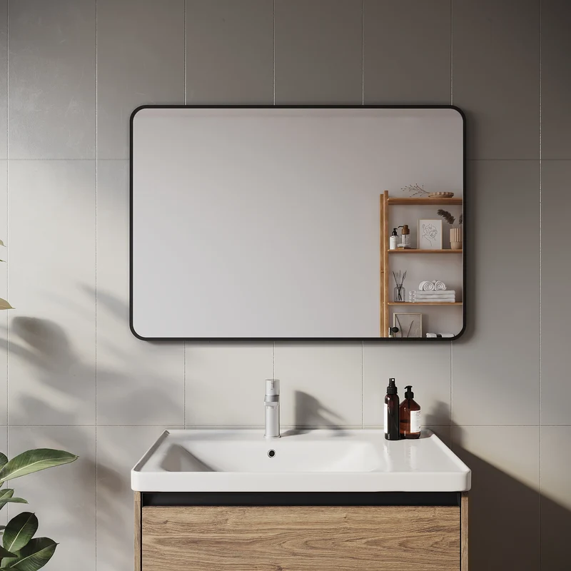 SIRHONA Miroir de maquillage 1000 x 700 x 35 mm, cadre noir, miroir carré mural