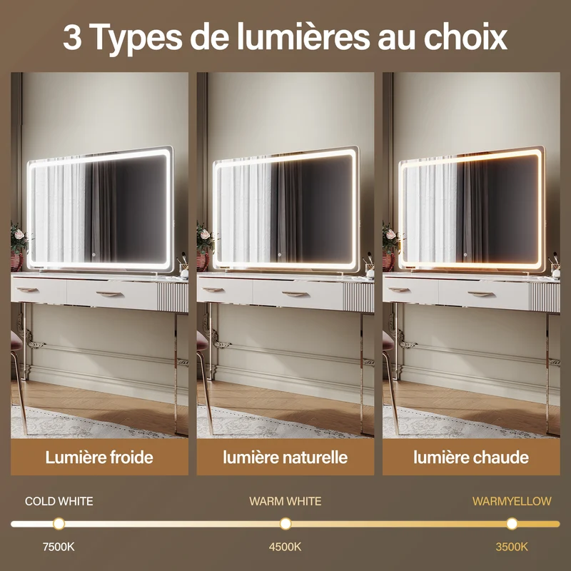 SIRHONA Miroir LED de maquillage moderne, mural ou sur pied 1000 x 700 x 35 mm