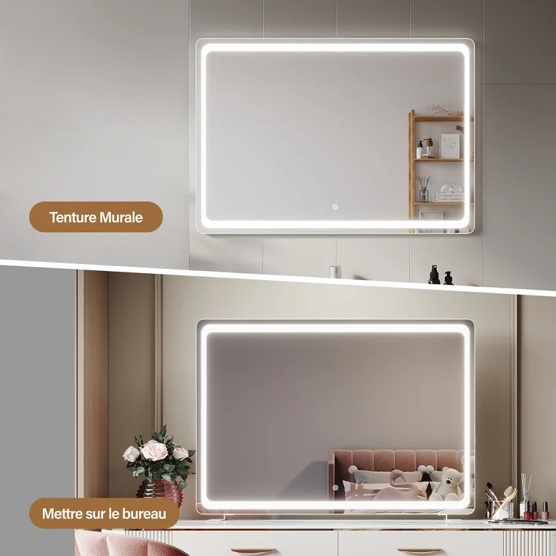 SIRHONA Miroir LED de maquillage moderne, mural ou sur pied 1000 x 700 x 35 mm