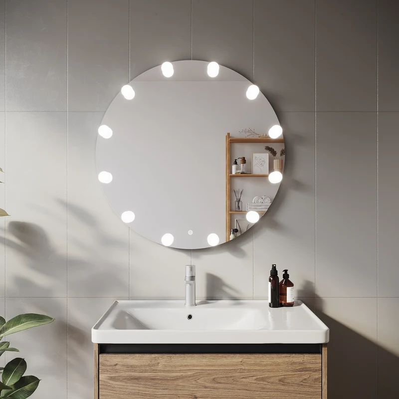 SIRHONA Miroir de maquillage LED, Miroir sur pied avec fonction mémoire 800 x 800 x 35mm