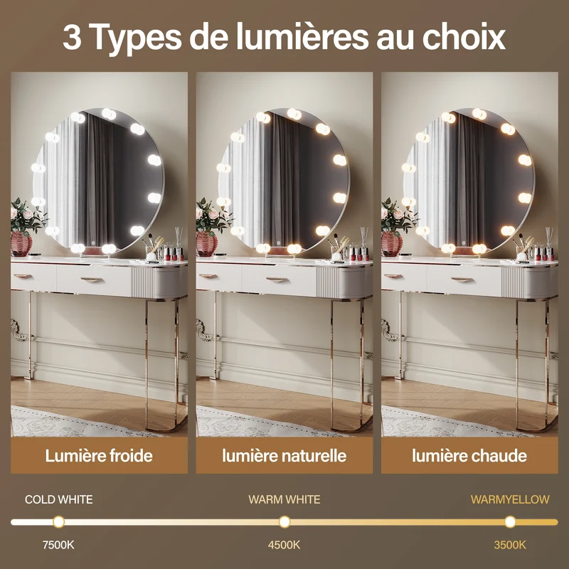 SIRHONA Miroir de maquillage LED, Miroir sur pied avec fonction mémoire 800 x 800 x 35mm