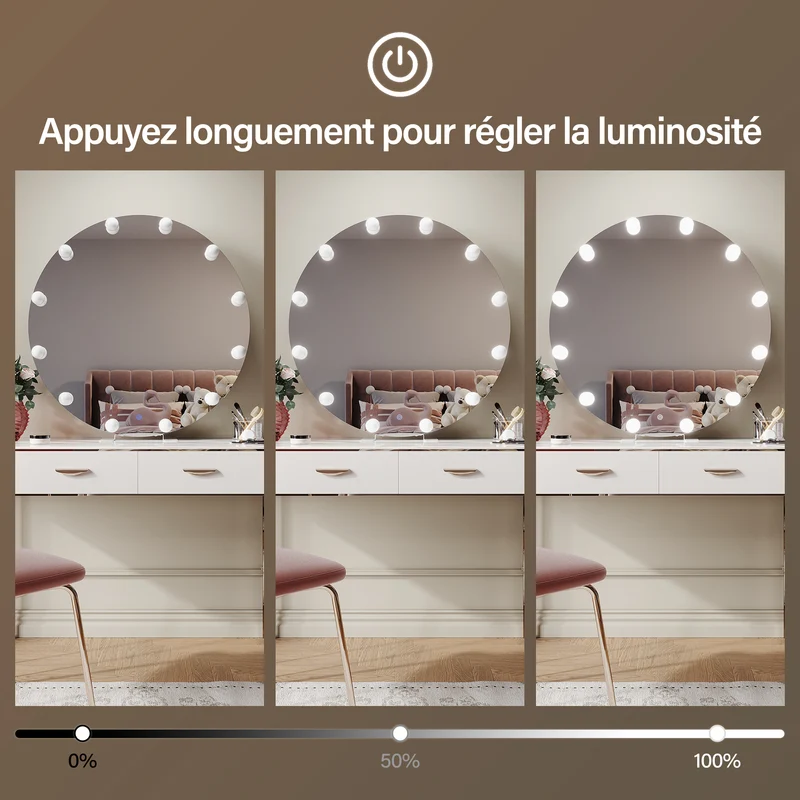 SIRHONA Miroir de maquillage LED, Miroir sur pied avec fonction mémoire 800 x 800 x 35mm