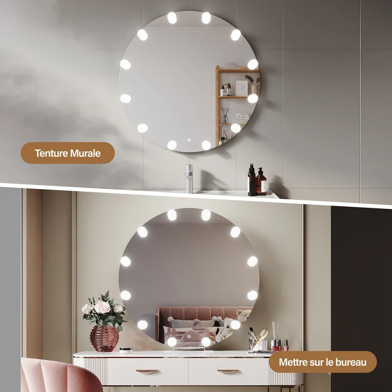 SIRHONA Miroir de maquillage LED, Miroir sur pied avec fonction mémoire 800 x 800 x 35mm