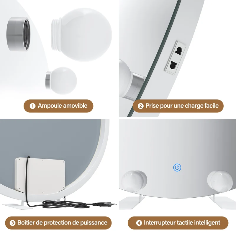 SIRHONA Miroir de maquillage LED, Miroir sur pied avec fonction mémoire 800 x 800 x 35mm