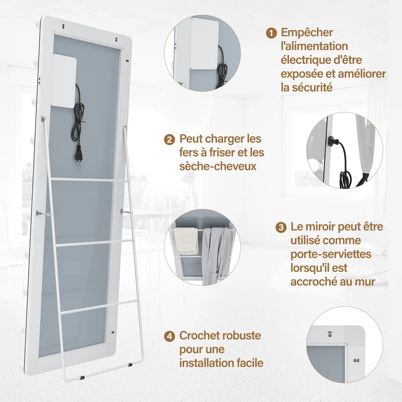 SIRHONA Miroir sur pied LED miroir pleine longueur 1600 x 600 x 35 mm