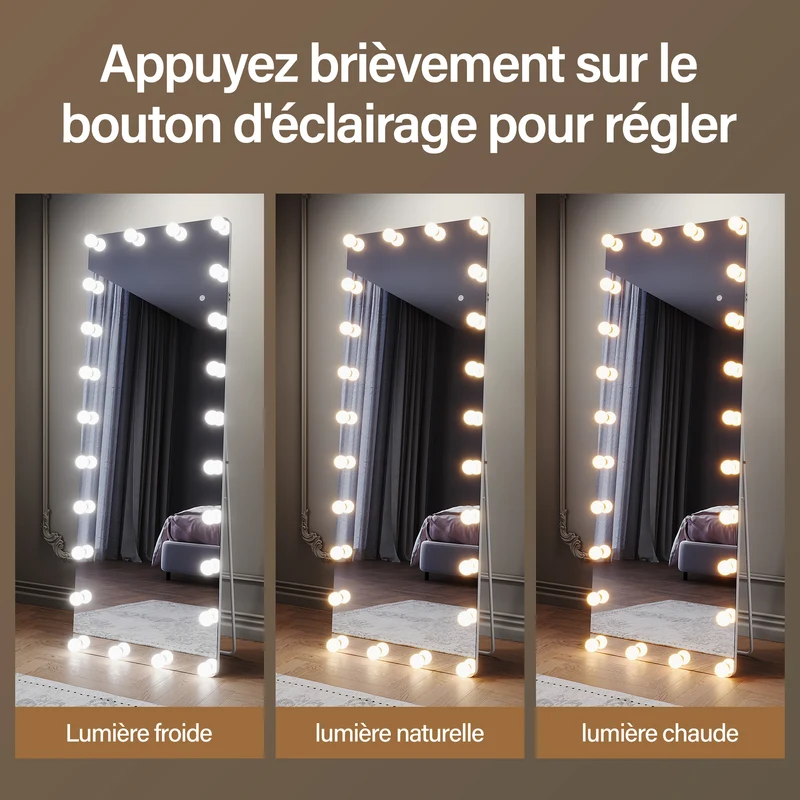 SIRHONA Miroir sur pied LED miroir pleine longueur 1600 x 600 x 35 mm