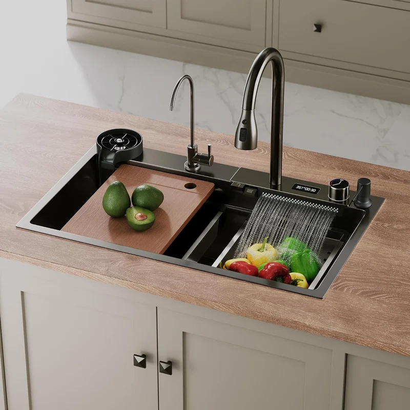SIRHONA 1 Bac Évier de Cuisine Noir Multifonctionnel à Encastrer Avec Robinet de Poisson Volant Rétractable & Affichage de la Température 80x45cm
