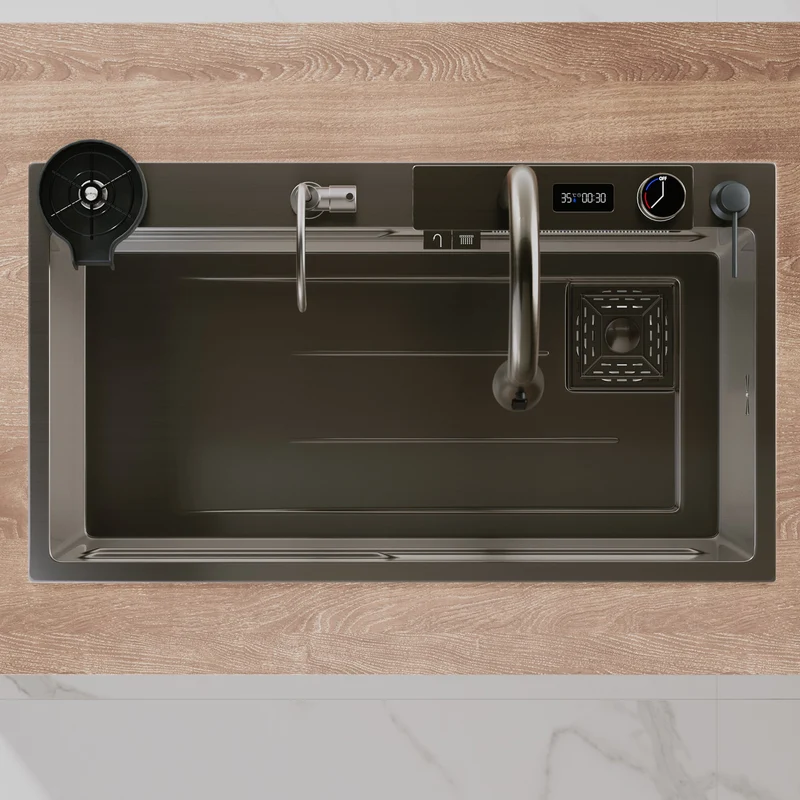 SIRHONA 1 Bac Évier de Cuisine Noir Multifonctionnel à Encastrer Avec Robinet de Poisson Volant Rétractable & Affichage de la Température 75x45cm