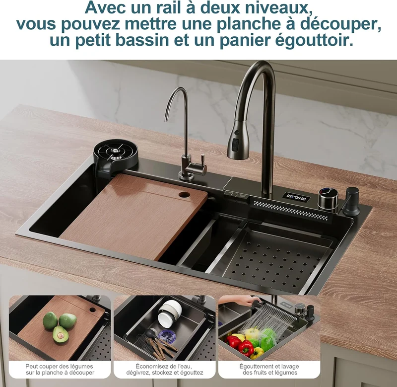 SIRHONA 1 Bac Évier de Cuisine Noir Multifonctionnel à Encastrer Avec Robinet de Poisson Volant Rétractable & Affichage de la Température 75x45cm