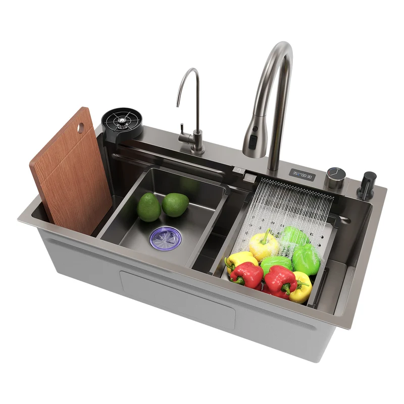 SIRHONA 1 Bac Évier de Cuisine Noir Multifonctionnel à Encastrer Avec Robinet de Poisson Volant Rétractable & Affichage de la Température 75x45cm
