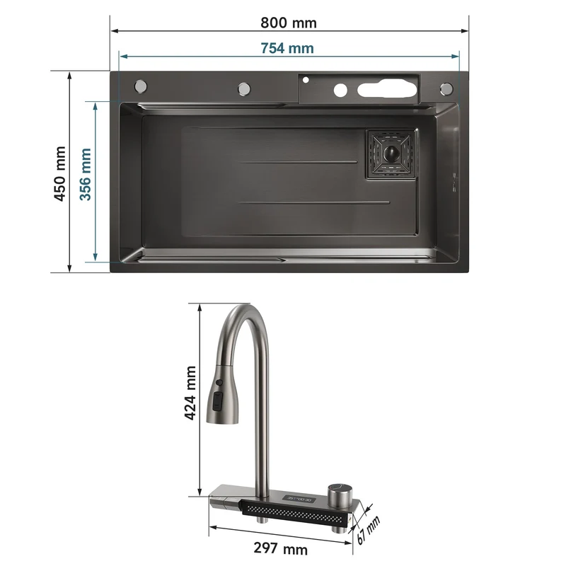 SIRHONA 1 Bac Évier de Cuisine Noir Multifonctionnel à Encastrer Avec Robinet de Poisson Volant Rétractable & Affichage de la Température 80x45cm