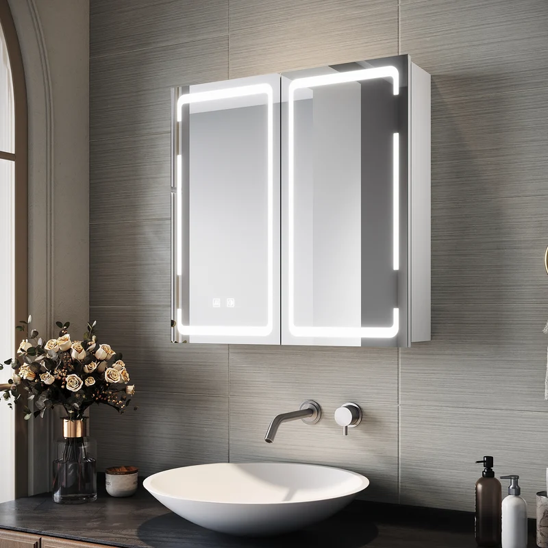 SIRHONA Armoire Miroir Salle de Bain avec Miroir, Armoire Miroir avec 3 Couleurs de Lumière Réglables et Anti-Buée 59 x 60 x 14cm