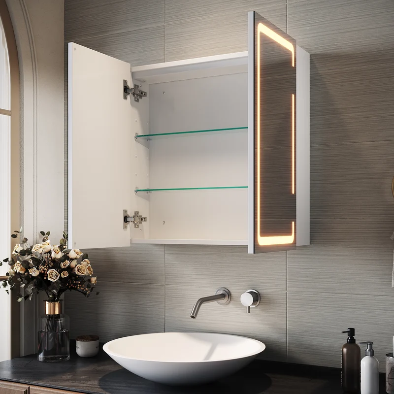 SIRHONA Armoire Miroir Salle de Bain avec Miroir, Armoire Miroir avec 3 Couleurs de Lumière Réglables et Anti-Buée 59 x 60 x 14cm