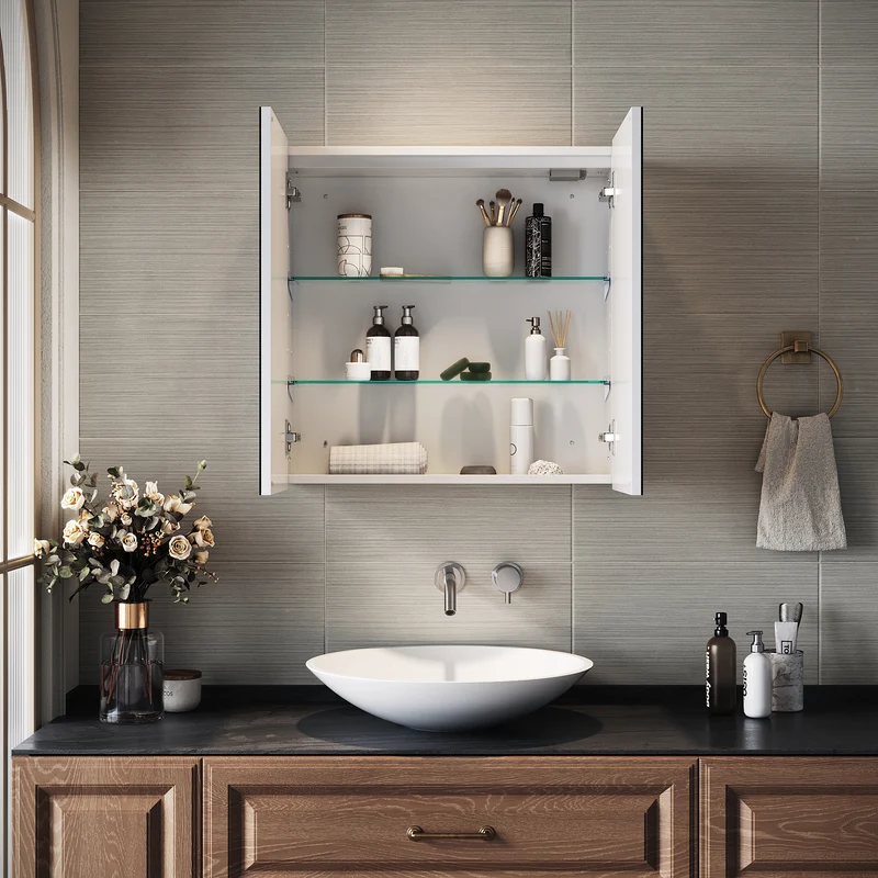 SIRHONA Armoire Miroir Salle de Bain avec Miroir, Armoire Miroir avec 3 Couleurs de Lumière Réglables et Anti-Buée 59 x 60 x 14cm