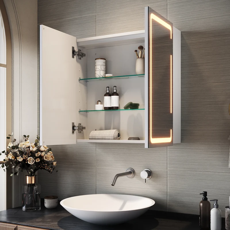 SIRHONA Armoire Miroir Salle de Bain avec Miroir, Armoire Miroir avec 3 Couleurs de Lumière Réglables et Anti-Buée 59 x 60 x 14cm