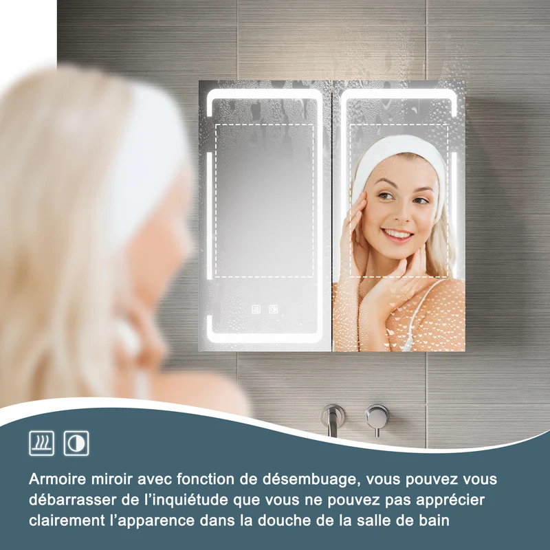 SIRHONA Armoire Miroir Salle de Bain avec Miroir, Armoire Miroir avec 3 Couleurs de Lumière Réglables et Anti-Buée 59 x 60 x 14cm