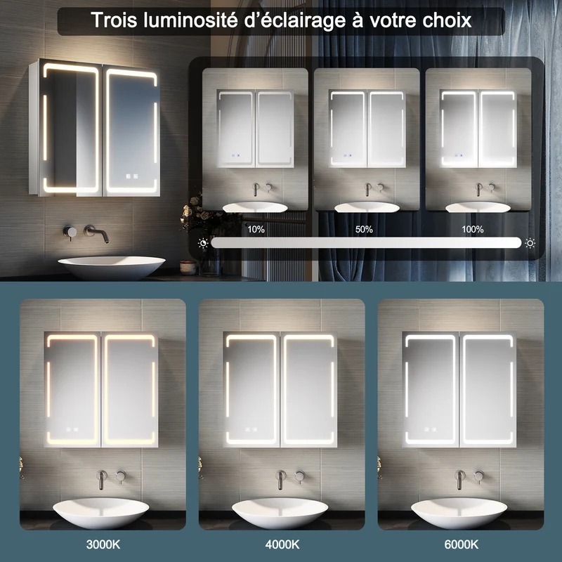 SIRHONA Armoire Miroir Salle de Bain avec Miroir, Armoire Miroir avec 3 Couleurs de Lumière Réglables et Anti-Buée 59 x 60 x 14cm