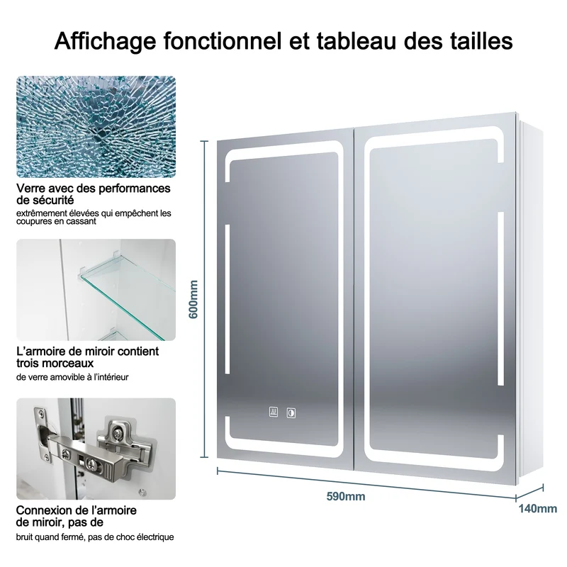 SIRHONA Armoire Miroir Salle de Bain avec Miroir, Armoire Miroir avec 3 Couleurs de Lumière Réglables et Anti-Buée 59 x 60 x 14cm