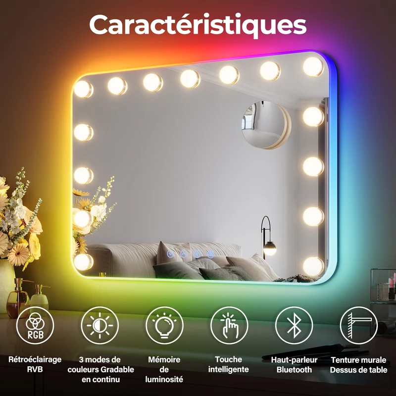 SIRHONA Maquillage 58x43cm avec lumière RGB et haut-parleur Bluetooth Miroir Hollywood LED 3 couleurs Luminosité