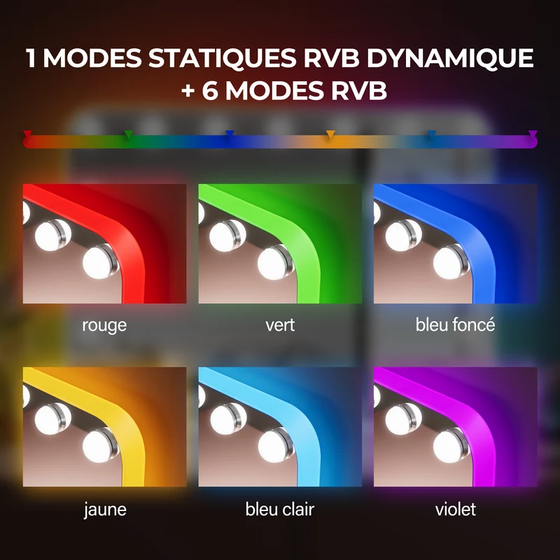 SIRHONA Maquillage 58x43cm avec lumière RGB et haut-parleur Bluetooth Miroir Hollywood LED 3 couleurs Luminosité