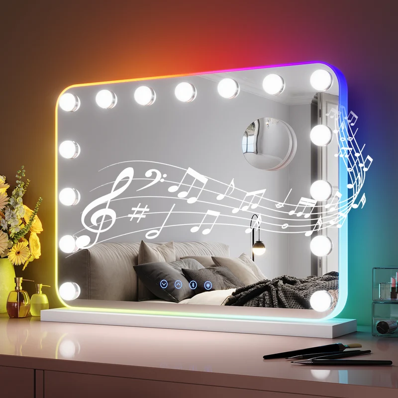 SIRHONA Maquillage 58x43cm avec lumière RGB et haut-parleur Bluetooth Miroir Hollywood LED 3 couleurs Luminosité