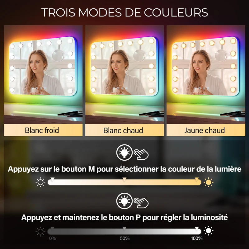 SIRHONA Maquillage 58x43cm avec lumière RGB et haut-parleur Bluetooth Miroir Hollywood LED 3 couleurs Luminosité