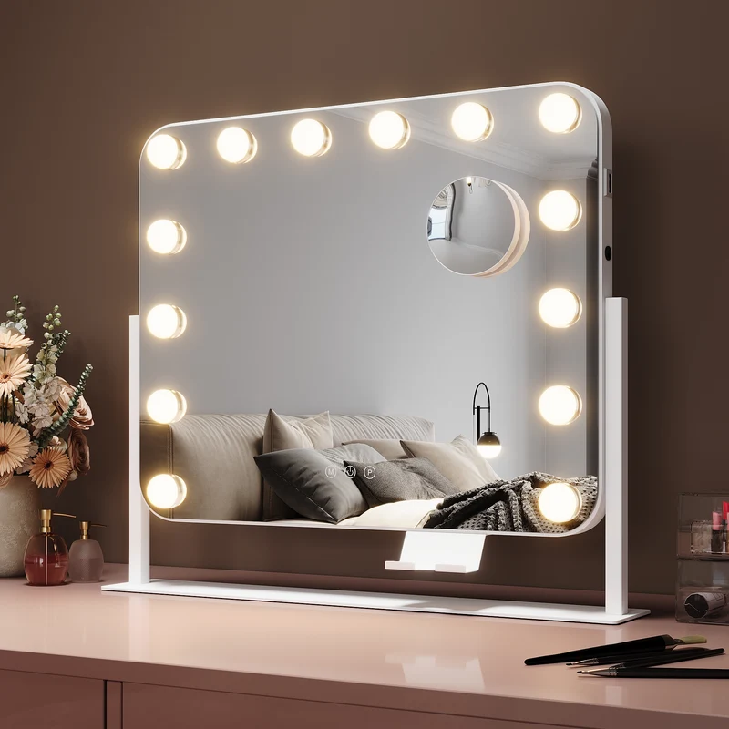 SIRHONA Miroir rotatif à 360° 50x40cm avec 14 ampoules LED Miroir Hollywood 3 couleurs luminosité réglable