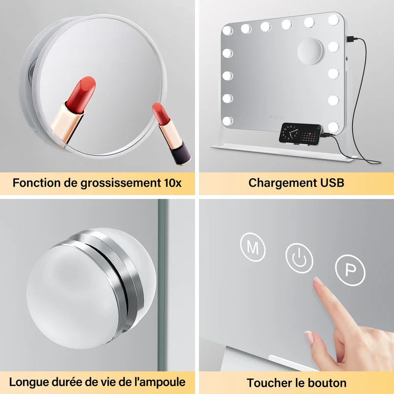 SIRHONA Miroir rotatif à 360° 50x40cm avec 14 ampoules LED Miroir Hollywood 3 couleurs luminosité réglable