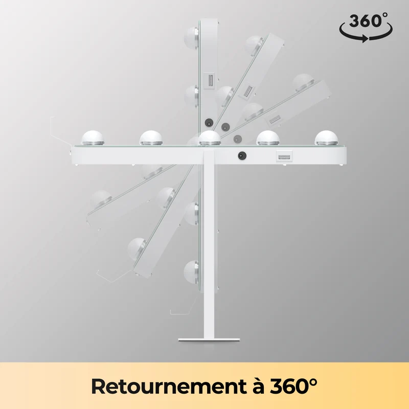 SIRHONA Miroir rotatif à 360° 50x40cm avec 14 ampoules LED Miroir Hollywood 3 couleurs luminosité réglable