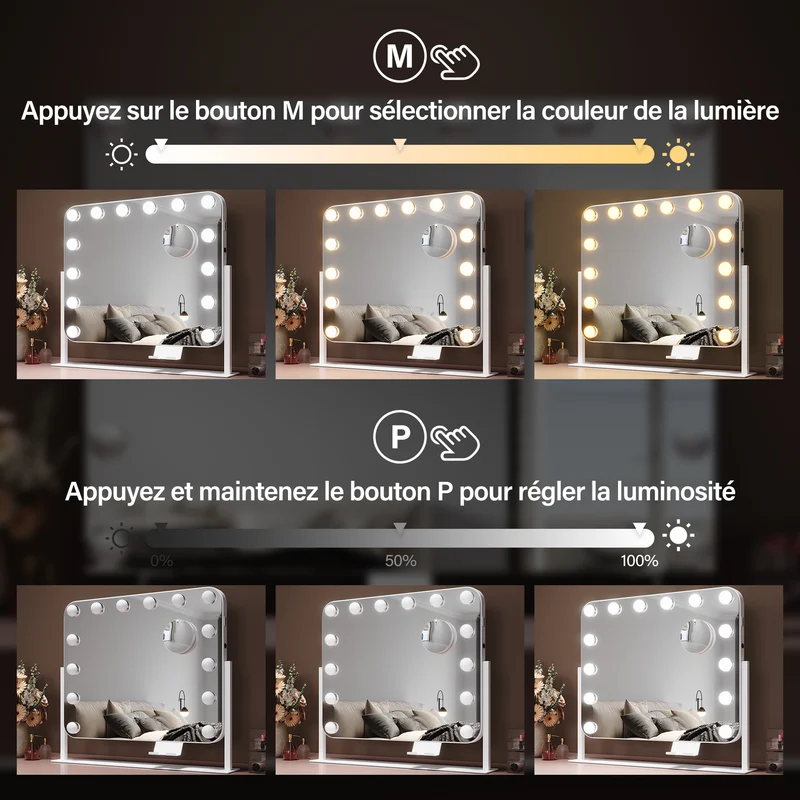 SIRHONA Miroir rotatif à 360° 50x40cm avec 14 ampoules LED Miroir Hollywood 3 couleurs luminosité réglable