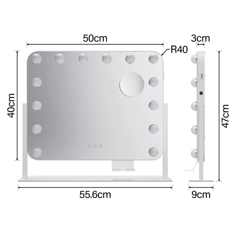 SIRHONA Miroir rotatif à 360° 50x40cm avec 14 ampoules LED Miroir Hollywood 3 couleurs luminosité réglable