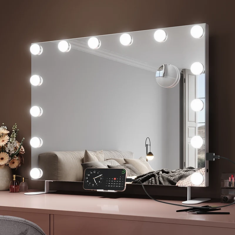 SIRHONA Miroir Maquillage 80x60cm avec 14 ampoules LED Miroir Hollywood 3 couleurs luminosité