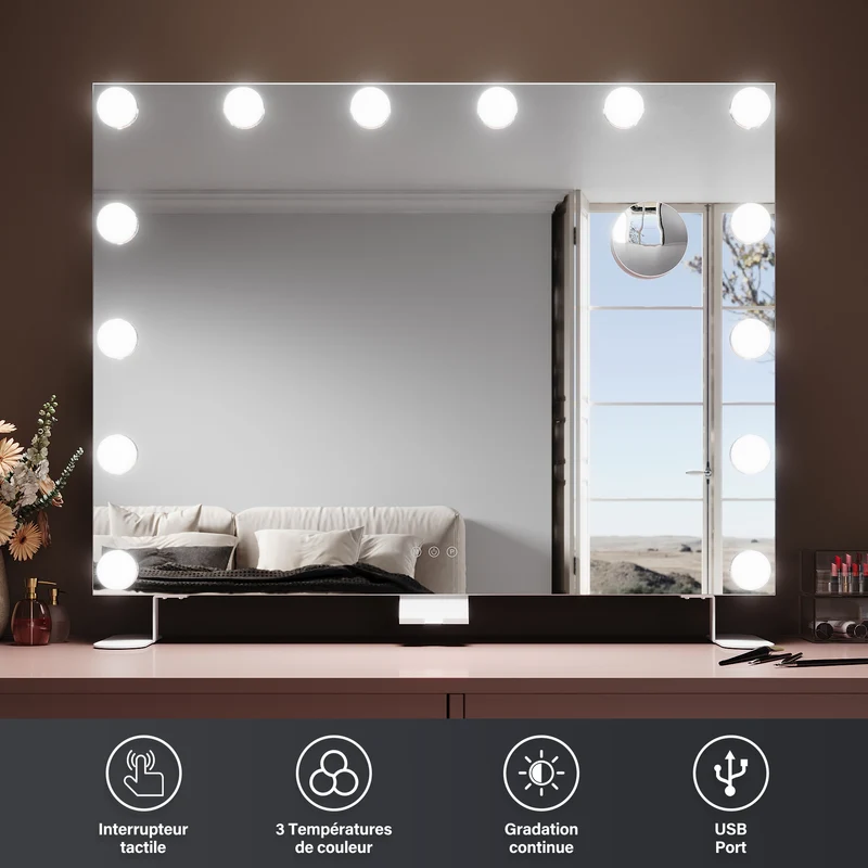 SIRHONA Miroir Maquillage 80x60cm avec 14 ampoules LED Miroir Hollywood 3 couleurs luminosité