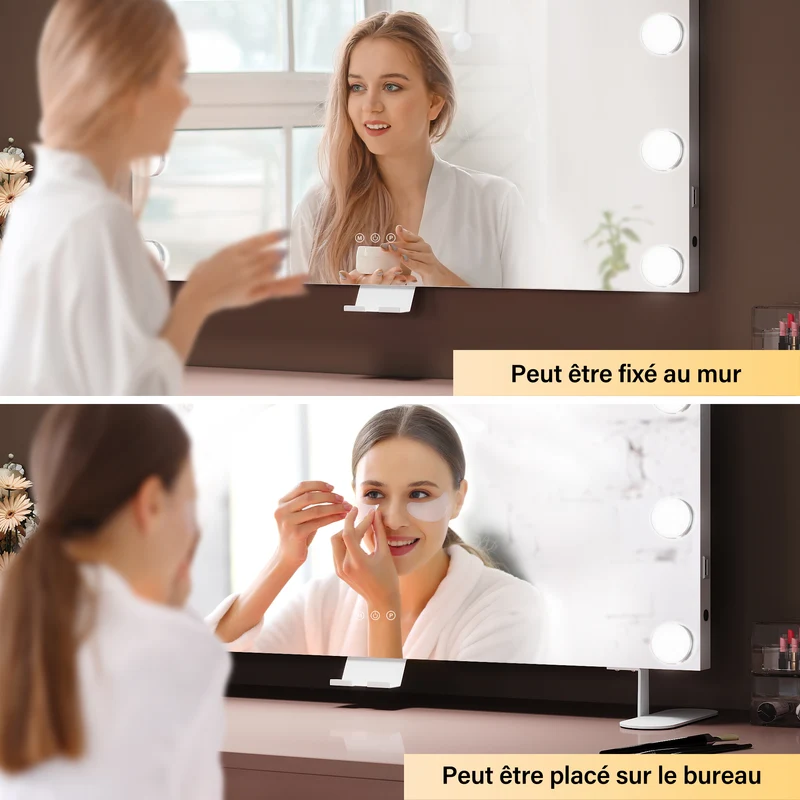 SIRHONA Miroir Maquillage 80x60cm avec 14 ampoules LED Miroir Hollywood 3 couleurs luminosité
