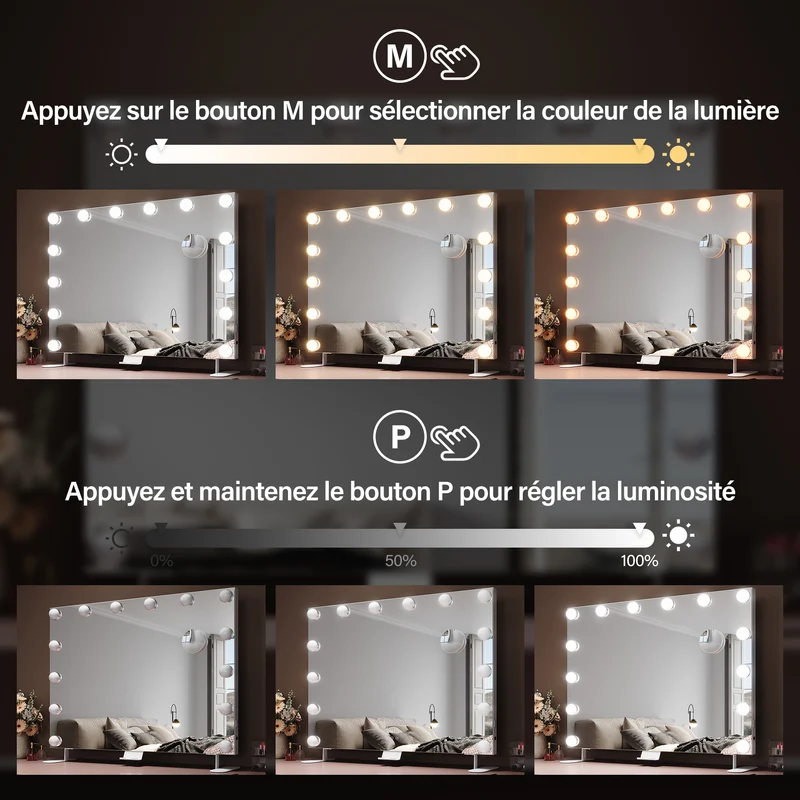 SIRHONA Miroir Maquillage 80x60cm avec 14 ampoules LED Miroir Hollywood 3 couleurs luminosité