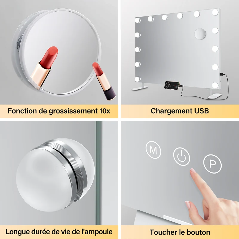 SIRHONA Miroir Maquillage 80x60cm avec 14 ampoules LED Miroir Hollywood 3 couleurs luminosité