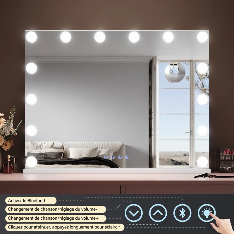 SIRHONA Miroir Mural Miroir Maquillage 80x60cm avec 3 couleurs luminosité réglable miroir grossissant 10X