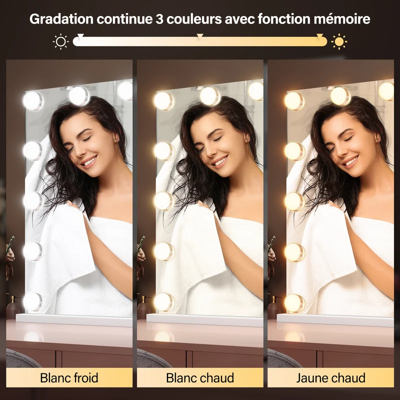 SIRHONA Miroir Mural Miroir Maquillage 80x60cm avec 3 couleurs luminosité réglable miroir grossissant 10X