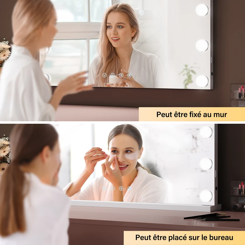 SIRHONA Miroir Mural Miroir Maquillage 80x60cm avec 3 couleurs luminosité réglable miroir grossissant 10X