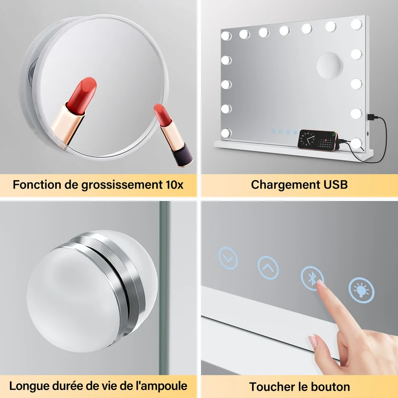 SIRHONA Miroir Mural Miroir Maquillage 80x60cm avec 3 couleurs luminosité réglable miroir grossissant 10X