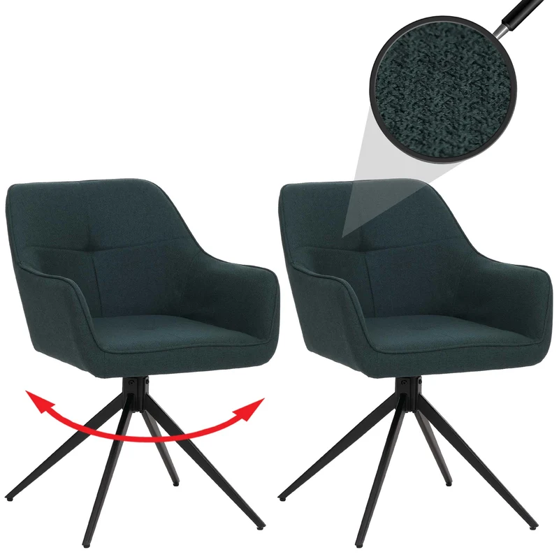 Lot de 2 chaises de salle à manger pivotantes à 180° avec retour automatique accoudoirs et tissu vert pétrole bois de peuplier et fer 04_0009413