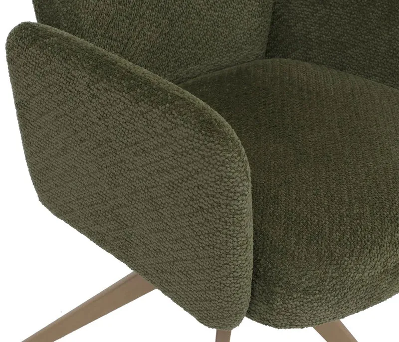 Lot de 6 chaises de salle à manger pivotantes à 180° avec retour automatique et accoudoirs tissu bouclé vert et fer aspect bois 04_0008817