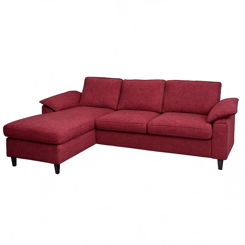 Canapé d’angle méridienne réversible à gauche ou à droite avec 3 coussins, tissu bordeaux et bois de peuplier 04_0009284