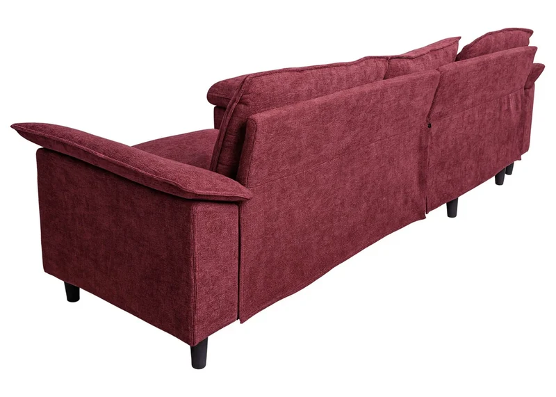 Canapé d’angle méridienne réversible à gauche ou à droite avec 3 coussins, tissu bordeaux et bois de peuplier 04_0009284