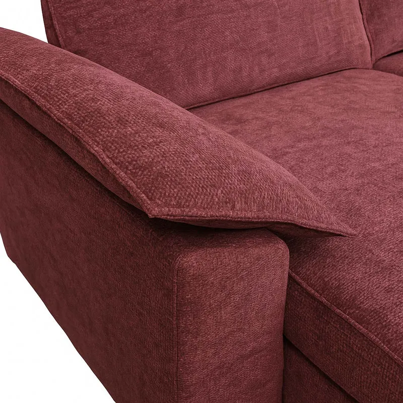 Canapé d’angle méridienne réversible à gauche ou à droite avec 3 coussins, tissu bordeaux et bois de peuplier 04_0009284